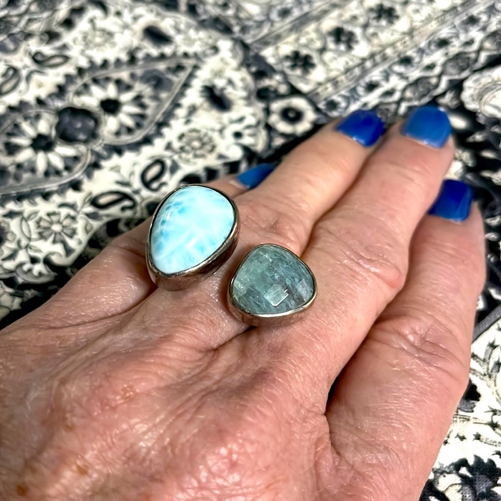 Sterling.925 Blue Larimar gemstone, & lt blue faceted stone, adjustabl